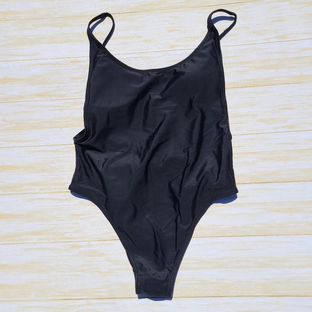 Xhilaration Med. Black One Piece Swimsuit High Leg Low Back